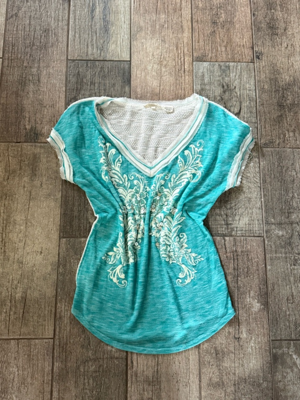 Miss Me Turquoise V-Neck Short Sleeve Top with White Embroidery